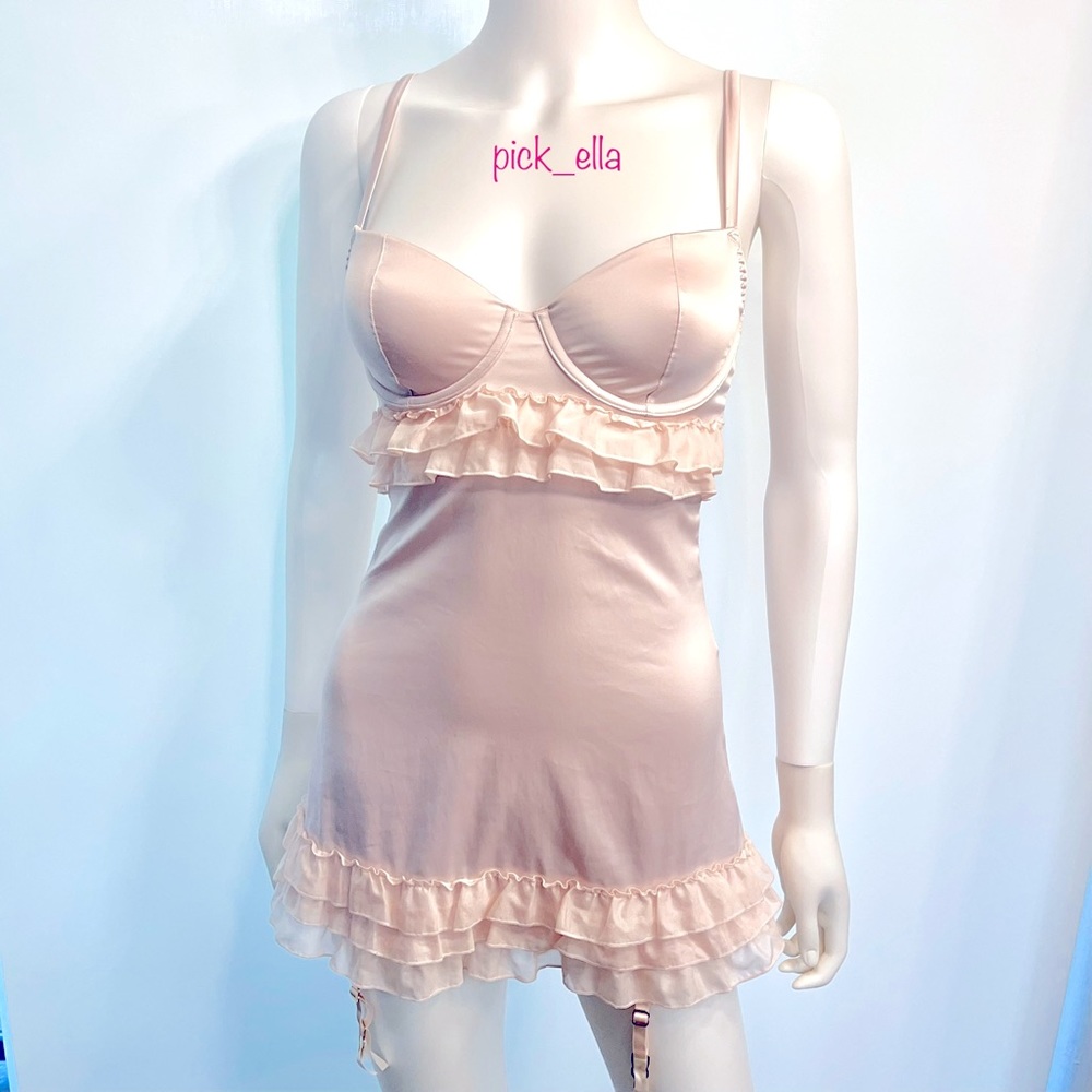 36C VS Victoria’s Secret Sexy Little Things Satin Ruffles Dress Slip-blush pink